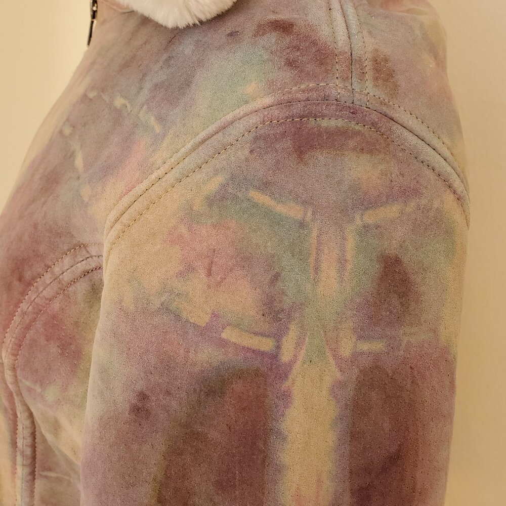 Suede leather tiedye jacket shearling Coat gray beige pink purple blue tan small